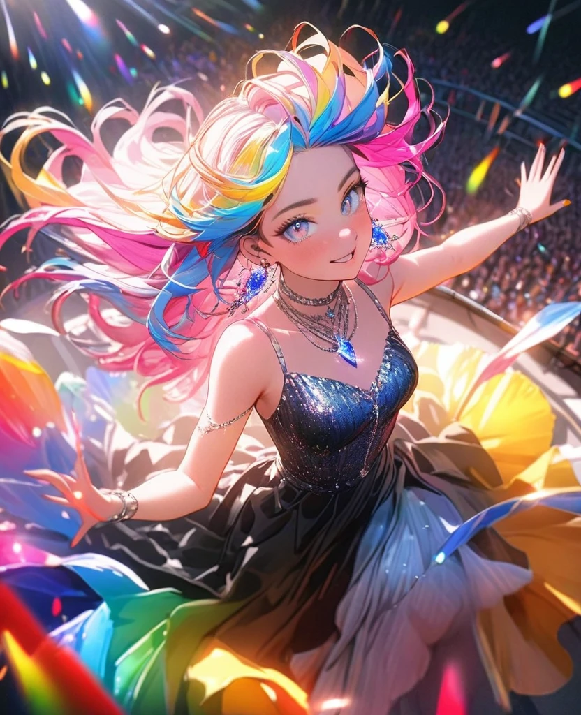 8K,beautiful girl,an extremely delicate and beautiful,Beautiful and realistic skin,Shiny jewel-like earrings,Shining brightly colorful hair,beautiful eyes,full body, musician,vocalist