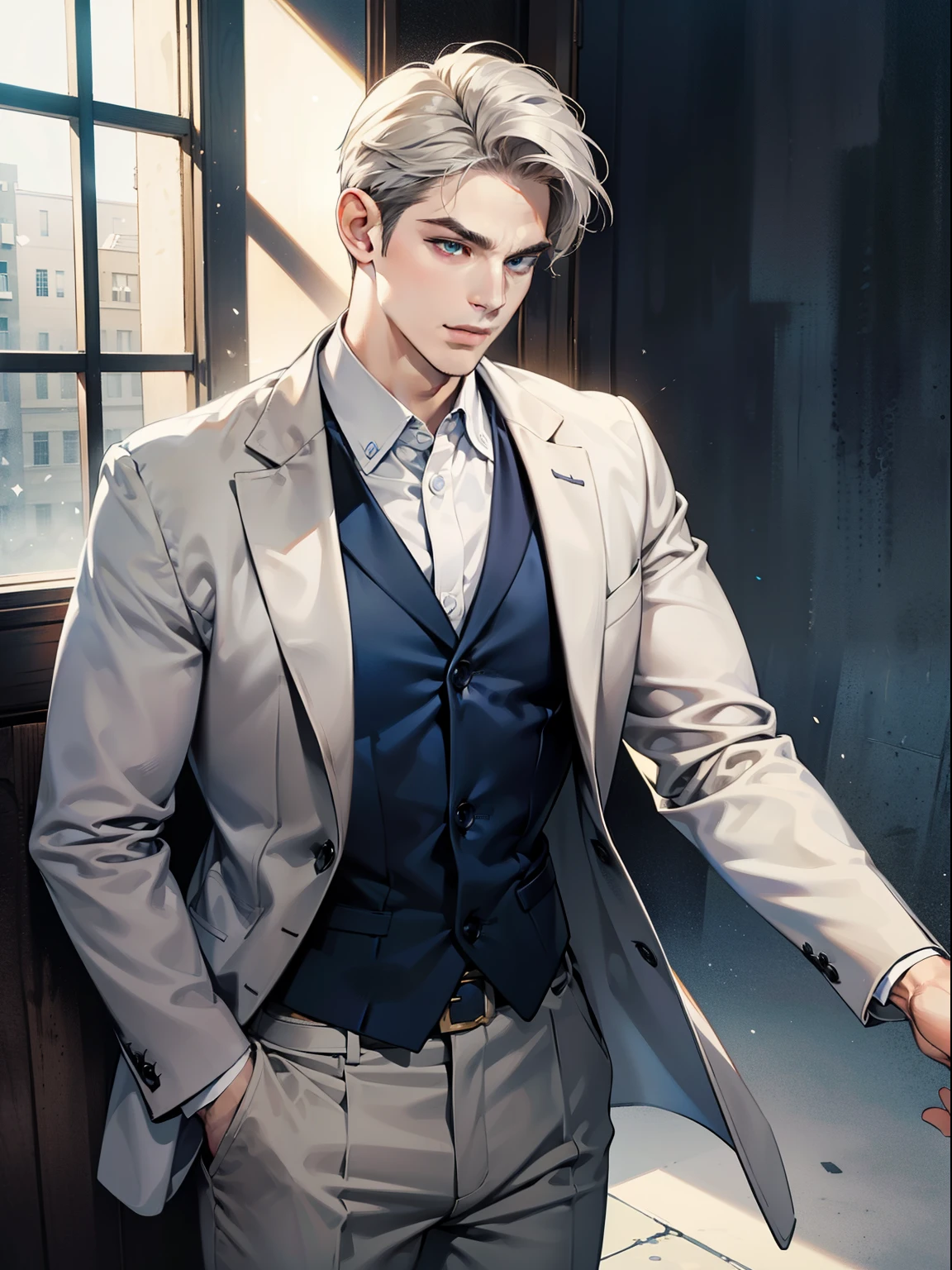 masterpiece, best quality, realistic, 1man, mature male, quiet and charming young man, 41 year old, serious look, closed mouth, portrait, extremely detailed face, cold smile, ((dark grey blue eyes)), ((short-right-swept dark white hair)), [thick eyebrows], ((suit)), handsome, full body, western, Jewish, light brown skin,