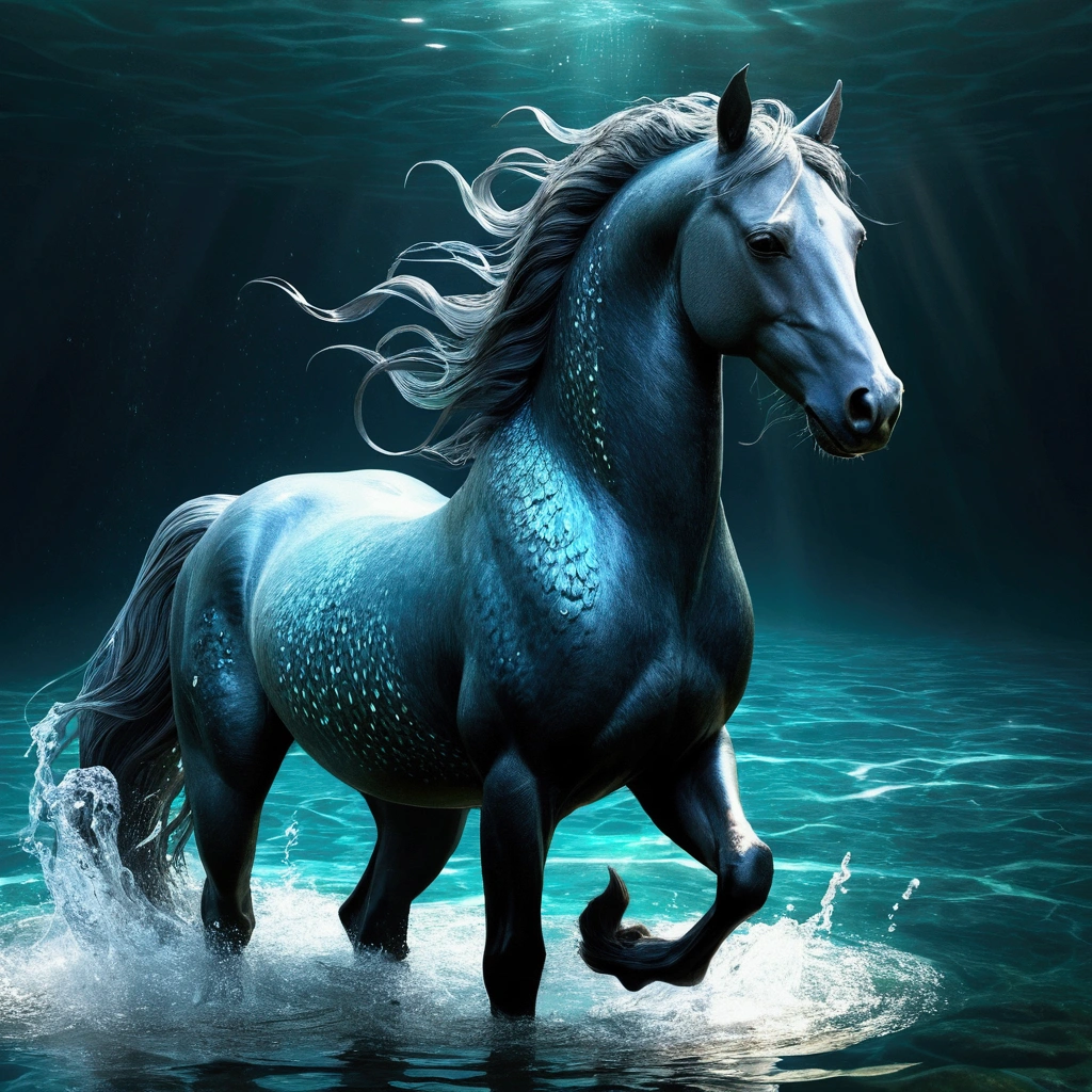 Highest quality,4K,High resolution,masterpiece:1.2,Very detailed,((Sea))、Realistic, kelpie, Horse and fish mix, Horse with fish tail in front of back, Seahorse nearby、Shimmering Scales,Coming out of the water,kelpie,Mythical creatures,Sparkling Light,Realistic water texture,Wet and shiny appearance,Wavy reflection,Aura of mythology,water scenery,A commanding presence,natural environment,Serene atmosphere,The existence of mysterious creatures,Fantastic lighting,Graceful Movement,superpower,Peaceful and quiet environment,Fantasy Creatures,Captivating beauty,Powerful and captivating gaze,Fine details,Mythical creaturesの神話,slender and elegant figure,,Nature-inspired elements,Subtle shades,Detailed Texture,Mythical Beings,Deep in the waves,Lower body in water,Mythical horse-like features,water cascading,Dynamic and energetic poses
