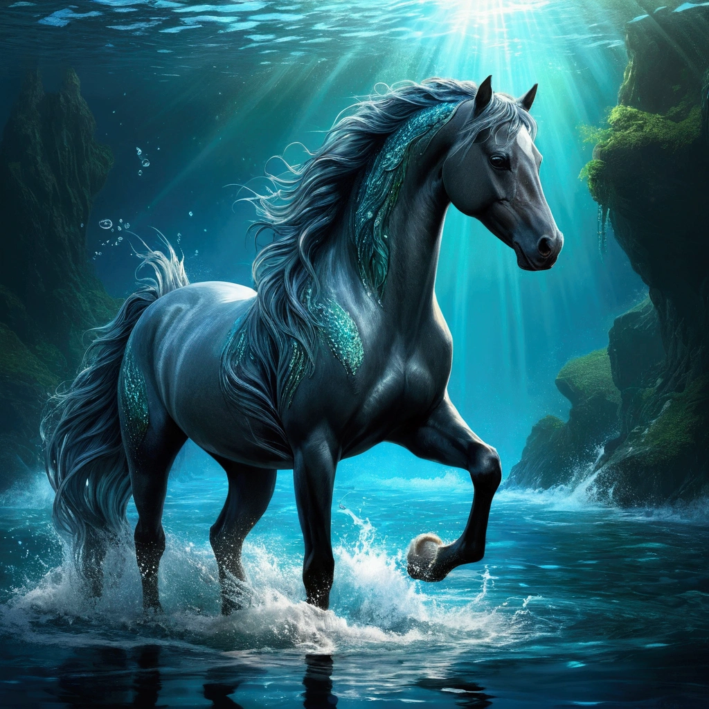 Highest quality,4K,High resolution,masterpiece:1.2,Very detailed,((Sea))、Realistic, kelpie, Horse and fish mix, Horse with fish tail in front of back, Seahorse nearby、Shimmering Scales,Coming out of the water,kelpie,Mythical creatures,Sparkling Light,Realistic water texture,Wet and shiny appearance,Wavy reflection,Aura of mythology,water scenery,A commanding presence,natural environment,Serene atmosphere,The existence of mysterious creatures,Fantastic lighting,Graceful Movement,superpower,Peaceful and quiet environment,Fantasy Creatures,Captivating beauty,Powerful and captivating gaze,Fine details,Mythical creaturesの神話,slender and elegant figure,,Nature-inspired elements,Subtle shades,Detailed Texture,Mythical Beings,Deep in the waves,Lower body in water,Mythical horse-like features,water cascading,Dynamic and energetic poses