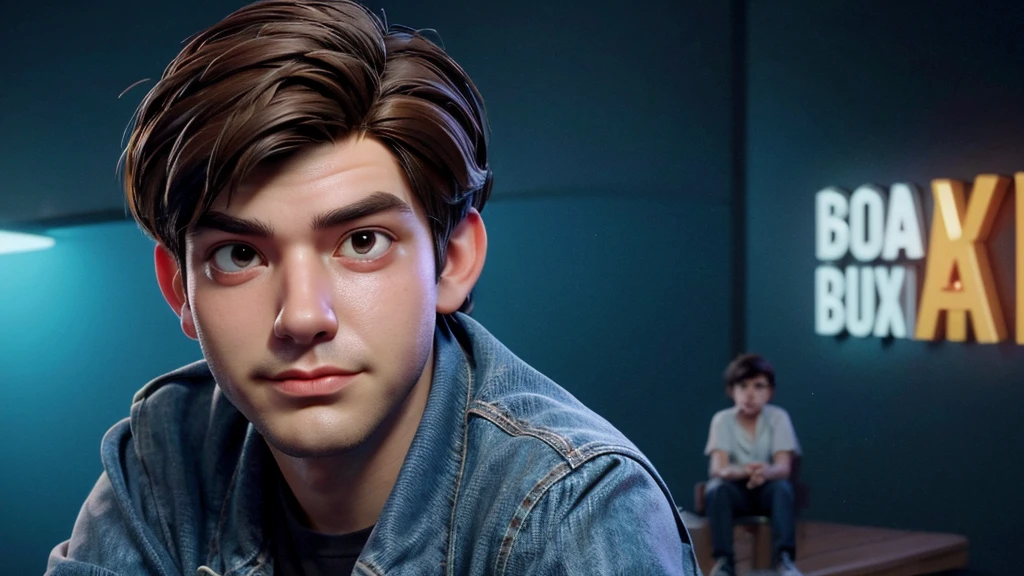Create a 3D animation image from Pixar, the character is a man with short brown hair, brown eyes, light skin, blue blouse, jeans and black sneakers. He is sitting on a bench in a square with a tired face. Ensure the illustration has a warm and inviting atmosphere, the image is rendered in high definition, capturing the exciting essence of the moment, and the composition exudes cinematic quality, Typography, Concept Art, Photo, Illustration, 3D Rendering, Cinematic , poster, vibrant, portrait photography, that is visually appealing to young people, use vibrant colors.