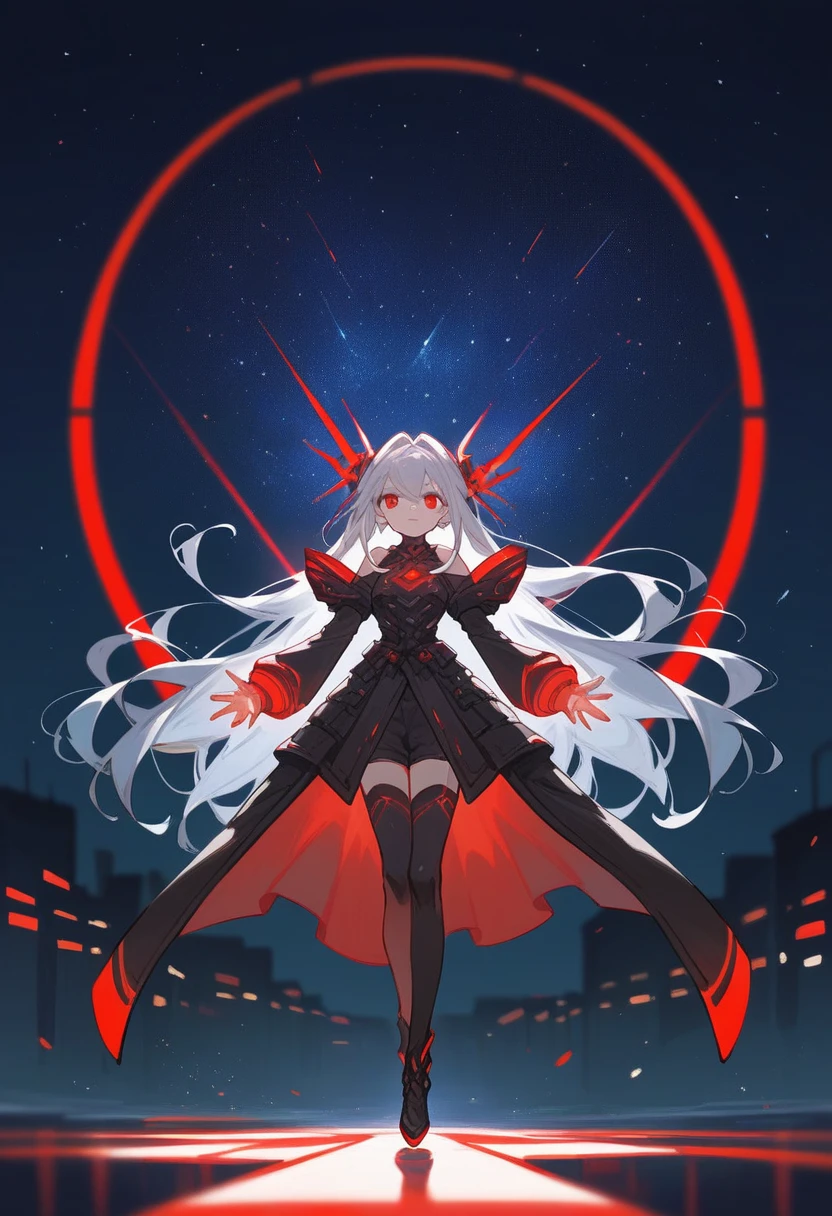 Anime girl in front of a dark red starry sky background in a full body pose in the anime style. Red neon lights and sparkling stars illuminate the night city sky in an anime composition. Fantasy scene with high resolution, high quality, high detail cinematic masterpiece in the style of a long shot with sharp focus and depth of field.