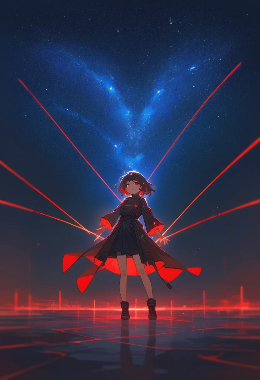 Anime girl in front of a dark red starry sky background in a full body pose in the anime style. Red neon lights and sparkling stars illuminate the night city sky in an anime composition. Fantasy scene with high resolution, high quality, high detail cinematic masterpiece in the style of a long shot with sharp focus and depth of field.