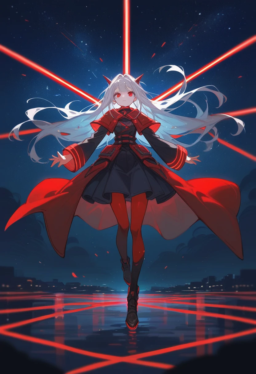 Anime girl in front of a dark red starry sky background in a full body pose in the anime style. Red neon lights and sparkling stars illuminate the night city sky in an anime composition. Fantasy scene with high resolution, high quality, high detail cinematic masterpiece in the style of a long shot with sharp focus and depth of field.