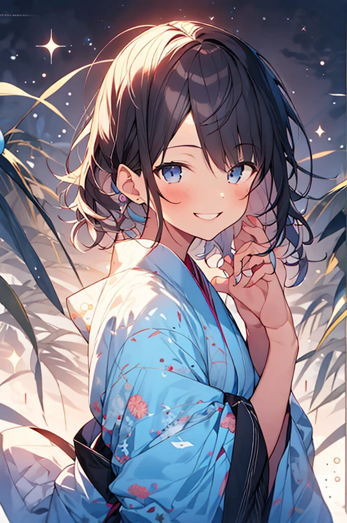 (watercolor:1.0),1 girl, 10 years old, yukata, Portraiture, Big smile, Recall, View your viewers,niji style