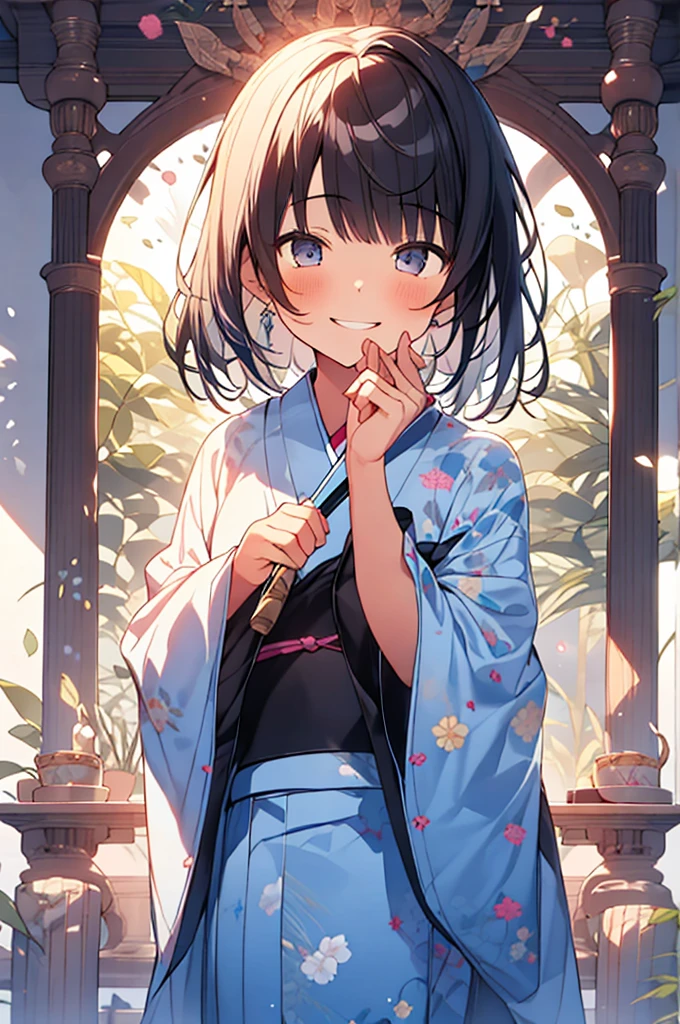 (watercolor:1.0),1 girl, 10 years old, yukata, Portraiture, Big smile, Recall, View your viewers,niji style