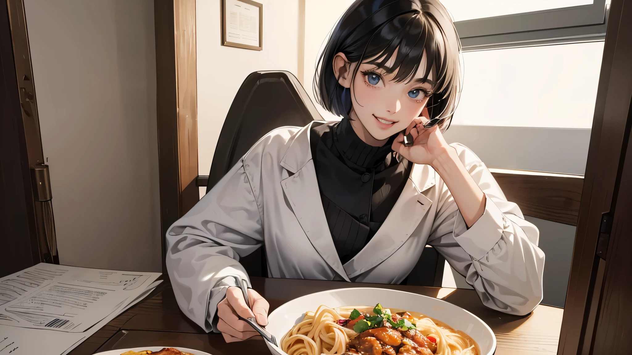 (perfect anatomy:1.2)(absurdres, highres, ultra detailed),masterpiece,best quality,high resolution,8k,Realistic face,Realistic skin texture,magnified textures, stunning clarity,detailed anime girl,(ultra detailed eyes and face),(1 girl:1.2)21years old,she is office worker,lunch time,Italian restaurant in a Japanese district,smile,grin:1.2,black hair, bob cut,natural make,grey jacket and pants,white brouse,light look at winfows,sparkling eyes.small nose,roundface,She looks happy,upper body,Italian restaurant Eating pasta happily