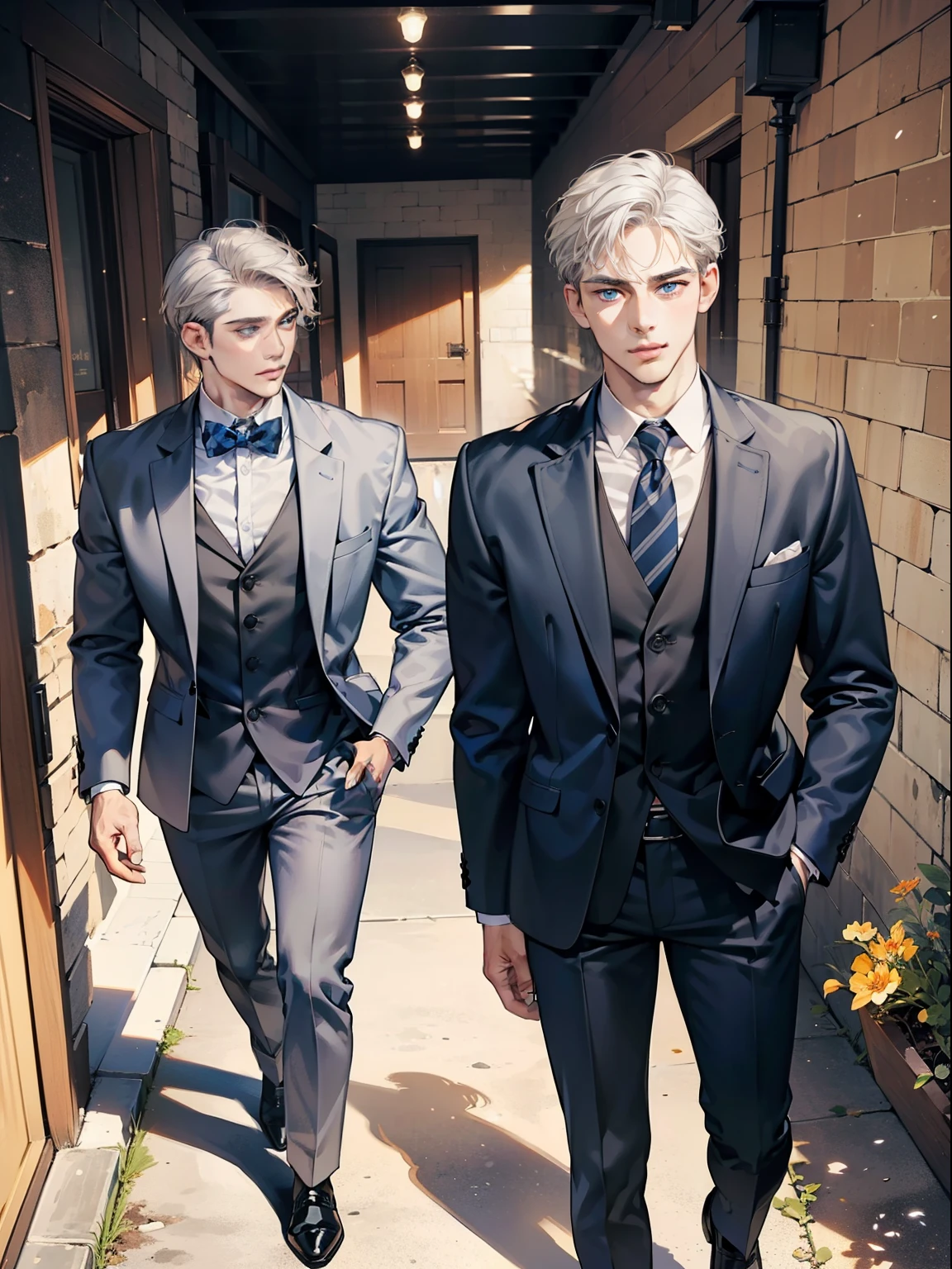 masterpiece, best quality, realistic, 1man, mature male, quiet and charming young man, 41 year old, serious look, closed mouth, portrait, extremely detailed face, cold smile, ((dark grey blue eyes)), ((short-right-swept dark white hair)), [thick eyebrows], ((suit)), handsome, full body, western, Jewish, light brown skin,
