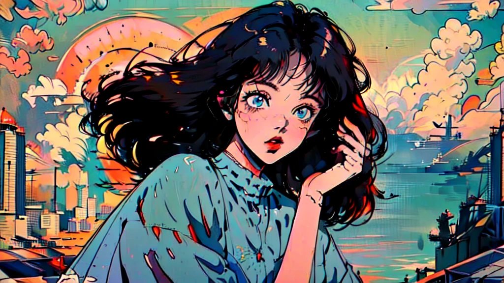 (80's, Retro, City Pop:1.5), (Album cover), (masterpiece, Highest quality, Exquisite detail), (anime, figure), (pastel colour:1.3), Best Photo Poses, Dynamic Angle,girl, alone, cool, Delicate face, Wearing sunglasses, Blonde Hair, Cityscape, City of night, Street fashion