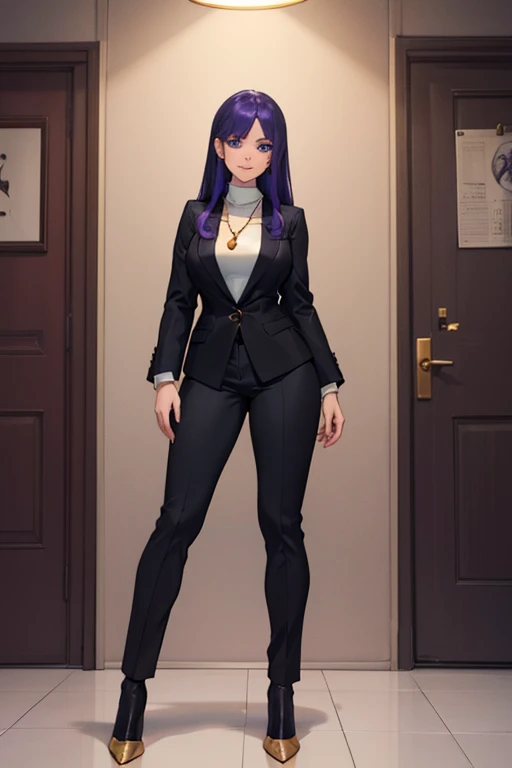 female, pale purple long hair, blue eyes, (((1girl))), (((black blazer))), (white turtleneck shirt), (tan pants), (black heels), (necklace with gold pendant), cute and sexy, full body, big breasts, long legs, smiling