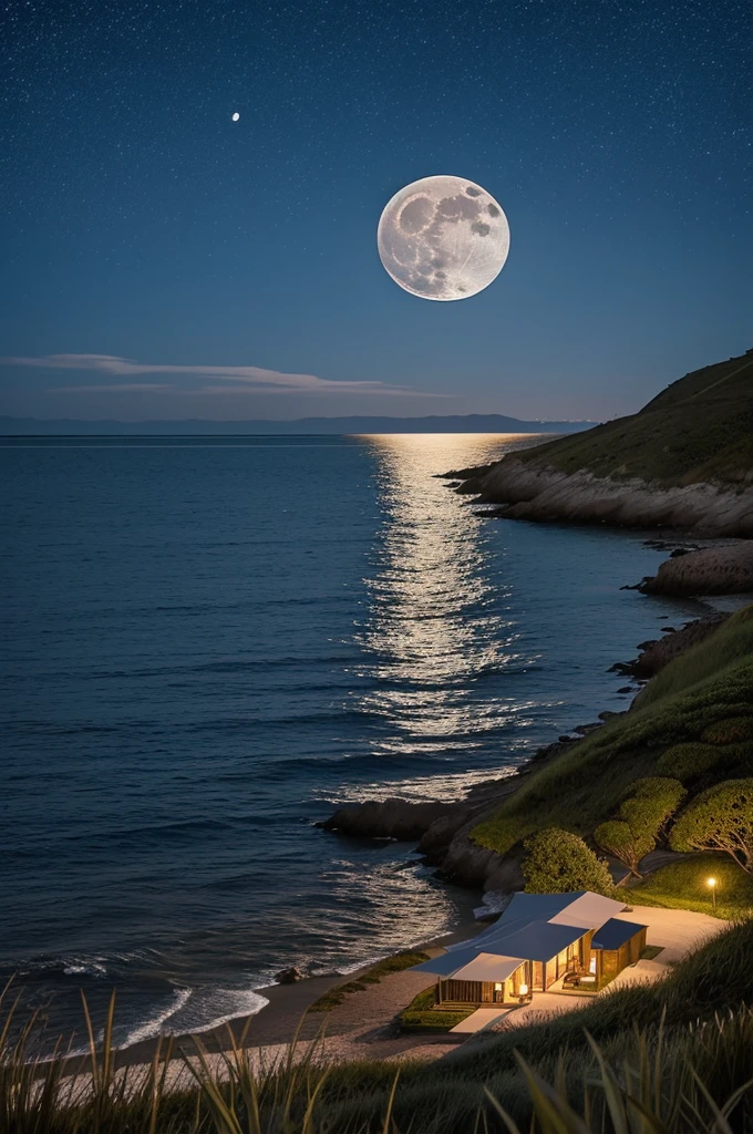 Quiet scene at night with the moon rising。A large full moon slowly rises into the sky。The ocean surface is gently rippling、The moonlight reflects off the water and sparkles。The nearby grass sways in the wind、Softly swaying。The whole scene moves smoothly.、There is a calm atmosphere。girl sleeping images