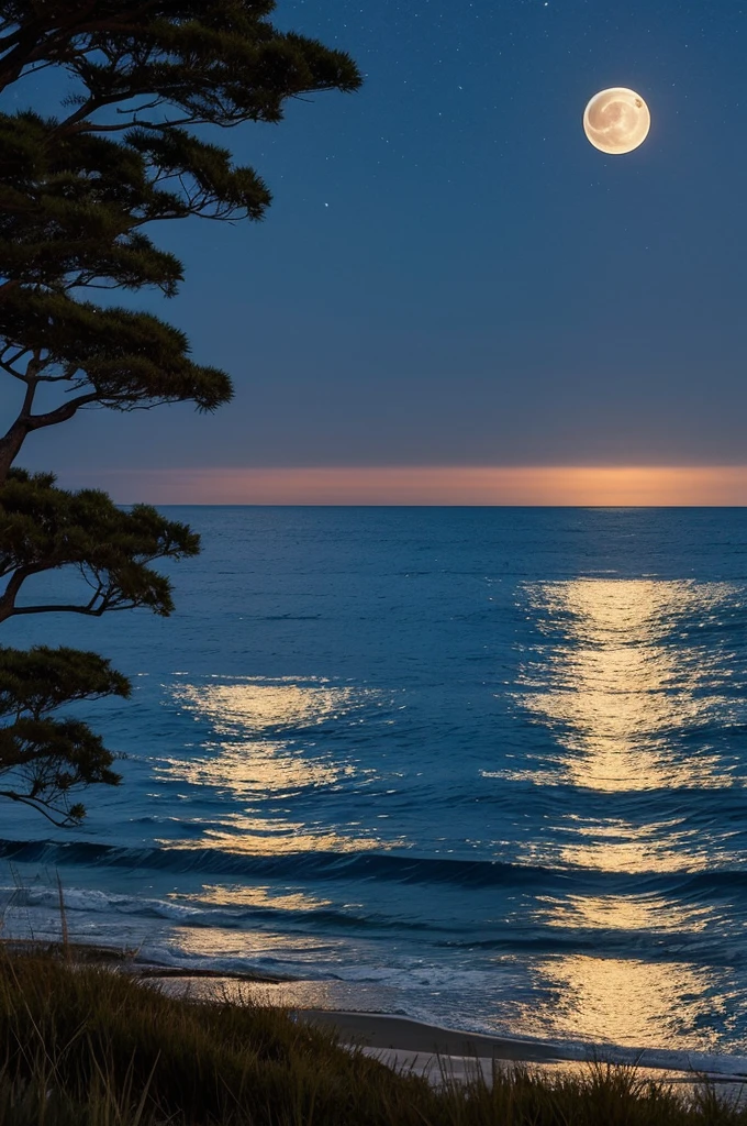 Quiet scene at night with the moon rising。A large full moon slowly rises into the sky。The ocean surface is gently rippling、The moonlight reflects off the water and sparkles。The nearby grass sways in the wind、Softly swaying。The whole scene moves smoothly.、There is a calm atmosphere。girl sleeping images