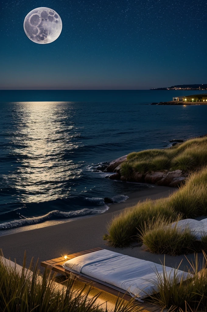 Quiet scene at night with the moon rising。A large full moon slowly rises into the sky。The ocean surface is gently rippling、The moonlight reflects off the water and sparkles。The nearby grass sways in the wind、Softly swaying。The whole scene moves smoothly.、There is a calm atmosphere。girl sleeping images