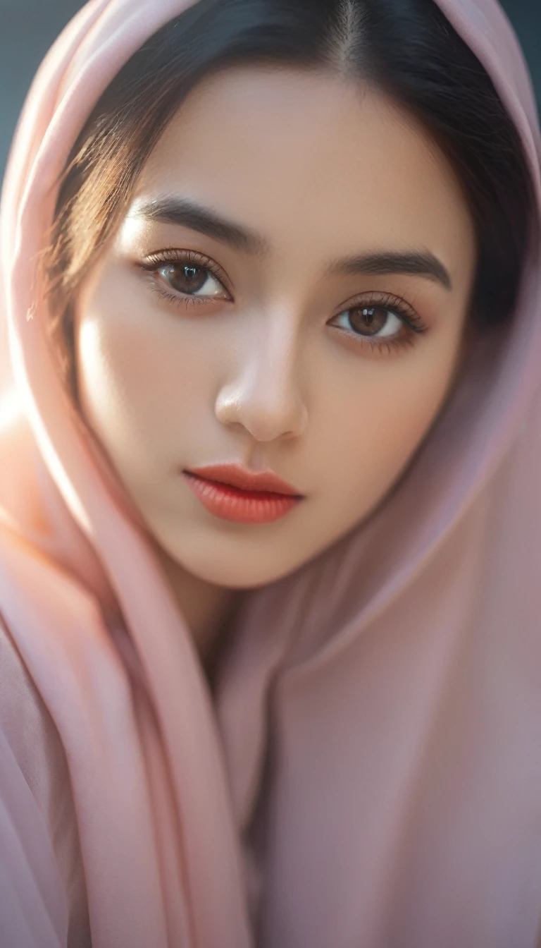 hyper realistic photograph of a hijab beautiful girl ,closeup shot dreamy mood, reflection bokeh, lighting on girl's face, i can't believe how beautiful this is, 8k, 