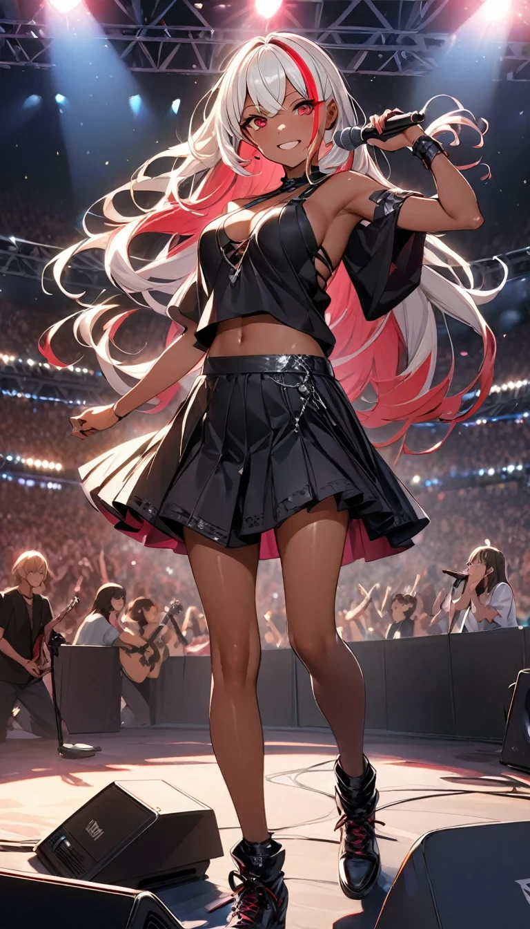 (highest quality:1.2, Very detailed, up to date, Vibrant, Ultra-high resolution, High Contrast, masterpiece:1.2, highest quality, Best aesthetics), Portraiture、girl、singer、stage、performance、Rock Music、Bright colors、Beautiful fine details、Beautiful lip detail、midium wave hair、red and white ((streaked hair:1.6)), highlights hair: 1.5, red eyes, slim body, middium breast, (tan skin:1.1), (25 years old), Music band、Concert Light、Edgy Style、black Skirt-style-bikini、loose fit, Dynamic Movement、hypnotic sounds、Stadium、amplifier、Loud music、vocal, (Floral Fineline tattoo design on left arm:1), ((mike stand)), holding microphone, Powerful vocals、Passionate performance、Sparkling stage、Concert atmosphere、Music Festival、Full of emotion、Rock star attitude、Resolute expression、Avid Fan、The presence of an attractive stage、 Expressive gestures、Rock star aura、An exciting atmosphere、Sing with all your heart、An unforgettable show, ((full body:1.2)),
