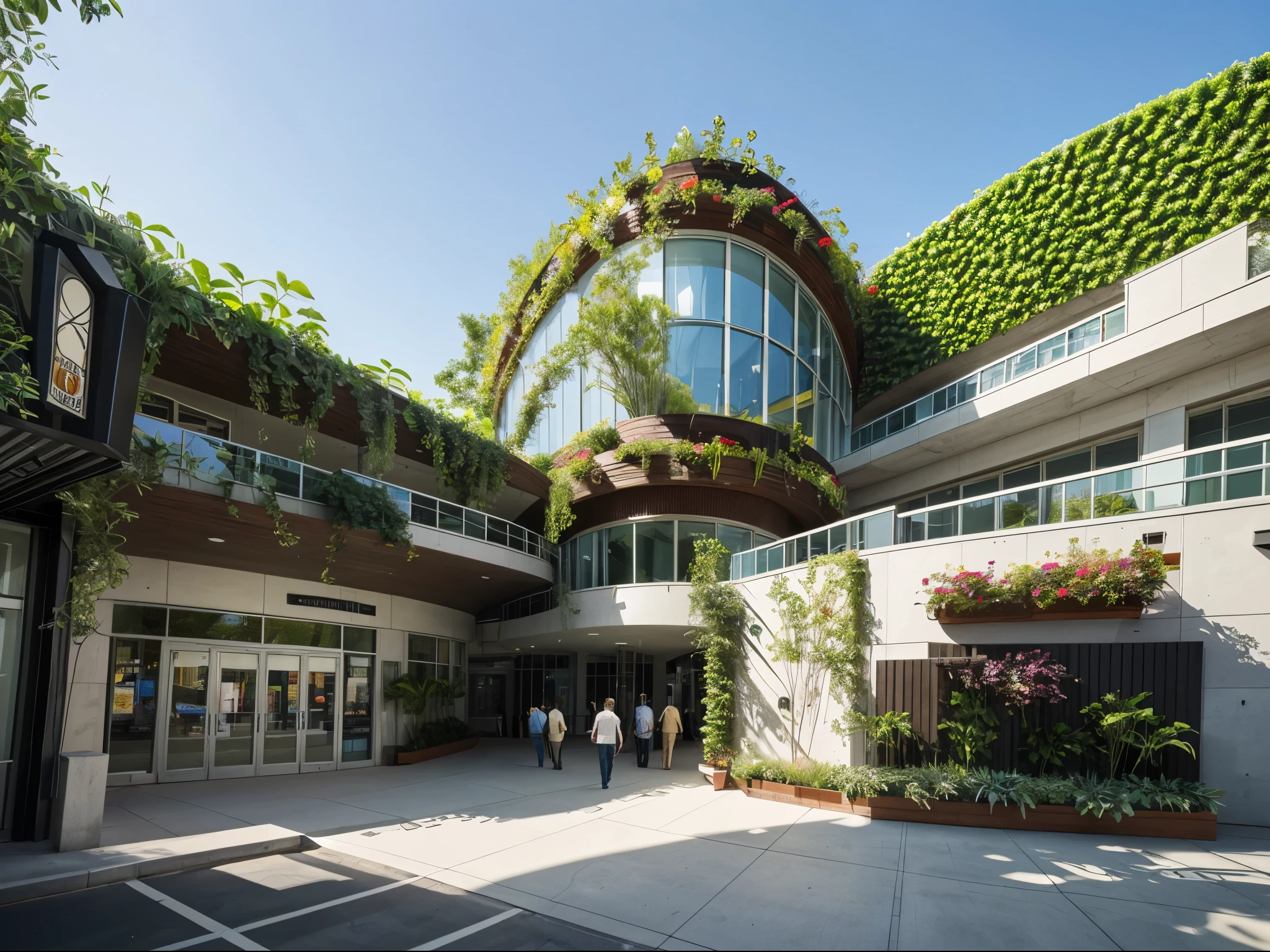 (curvilinear parametric architecture:1.2), tesselated facade, front street view, low-rise building, theatre stadium, manufactured goods, architectural wonder, ground breaking design, integrated greenery, vertical garden, rooftop garden, green facade, biophilic design, sustainable architecture, nature-inspired elements, harmonious blend with environment