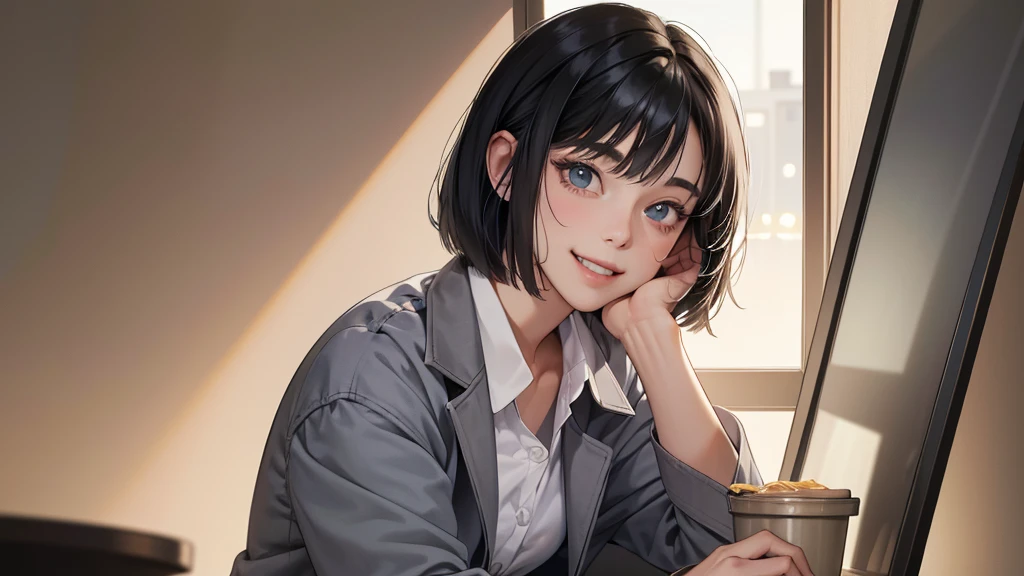 (perfect anatomy:1.2)(absurdres, highres, ultra detailed),masterpiece,best quality,high resolution,8k,Realistic face,Realistic skin texture,magnified textures, stunning clarity,detailed anime girl,(ultra detailed eyes and face),(1 girl:1.2)21years old,she is office worker,lunch time,Italian restaurant in a Japanese district,smile,grin:1.2,black hair, bob cut,natural make,grey jacket and pants,white brouse,light look at winfows,sparkling eyes.small nose,roundface,She looks happy,upper body,Italian restaurant Eating pasta happily