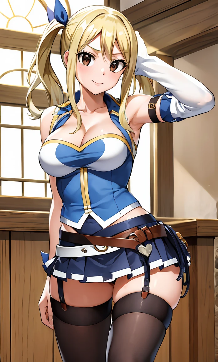 masterpiece, Highest quality, High resolution, Lucy Heartfilia, Blonde, Twin tails, Large Breasts, Black knee socks, Removable sleeves, abdomen, Cropped vest, Strapless, belt, Black Skirt, Cowboy Shot, indoor, Are standing, A proud smile, View your viewers, I had already finished, Put your arms behind your back