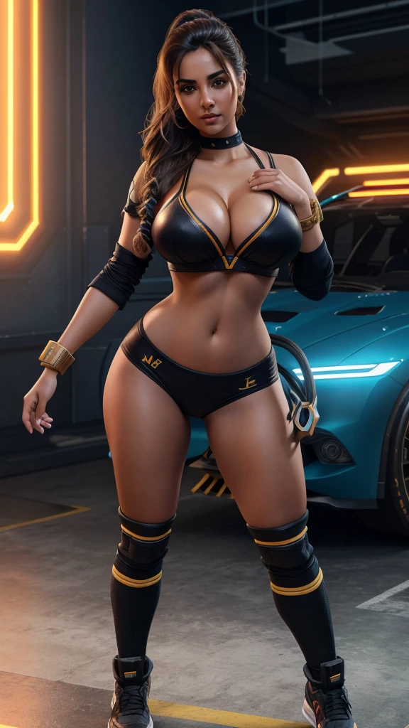 full body, ana de armas, glamor busty indian model, hyper voluptuous super busty cyberpunk volleyball player, j scott campbell artwork, 8k, masterpiece, octane render, long intricate hairstyle