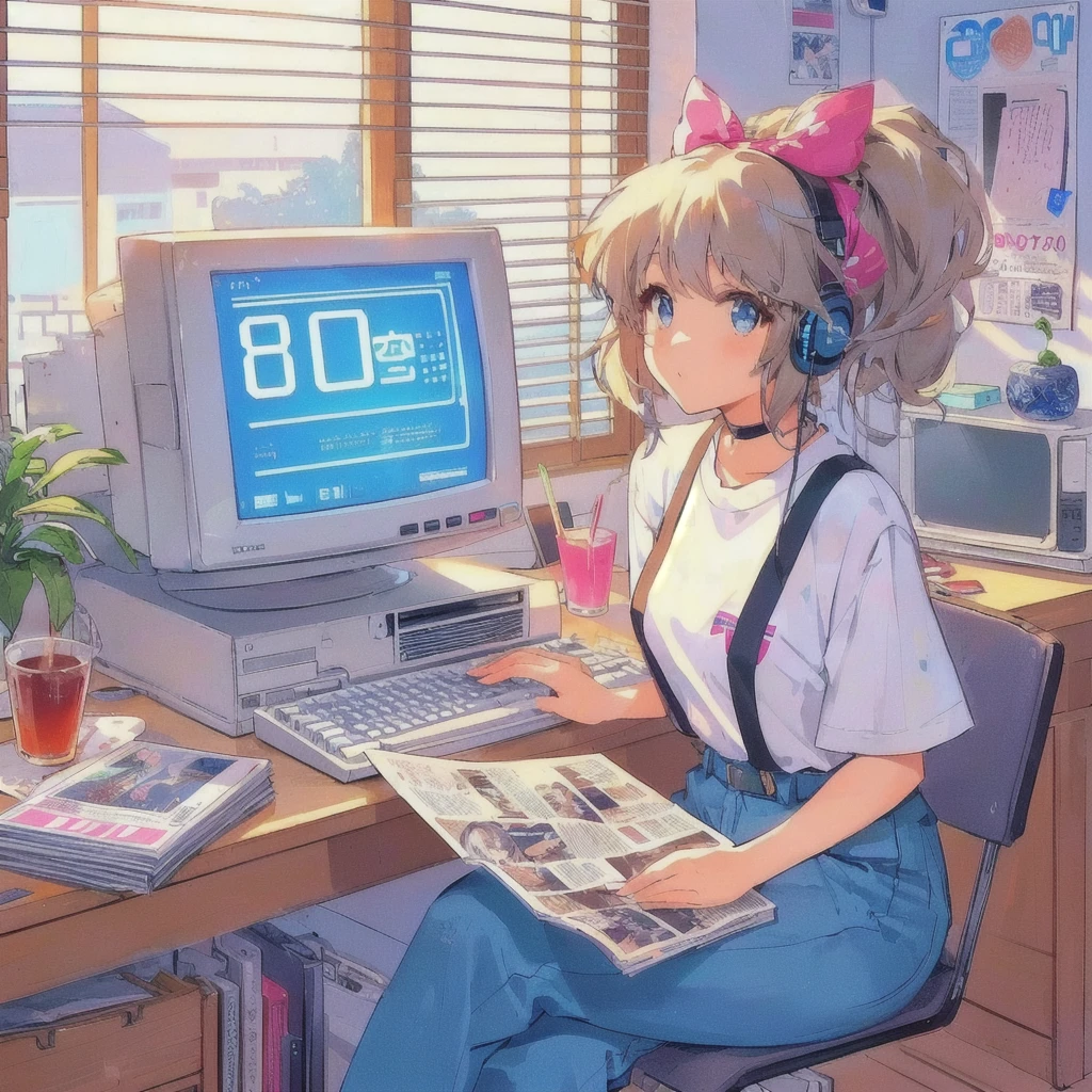 Anime girl sitting at a desk typing on a computer,80's anime vibe, Retro Anime Girls, 80's PC,Magazines from the 80s,Cup with juice,CRT TV,80s poster,80s anime art style, 80s anime style, 1980's anime style, In 80s anime art style, Lo-fi Girl
