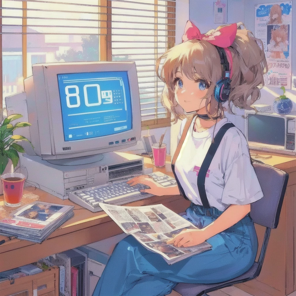 Anime girl sitting at a desk typing on a computer,80's anime vibe, Retro Anime Girls, 80's PC,Magazines from the 80s,Cup with juice,CRT TV,80s poster,80s anime art style, 80s anime style, 1980's anime style, In 80s anime art style, Lo-fi Girl