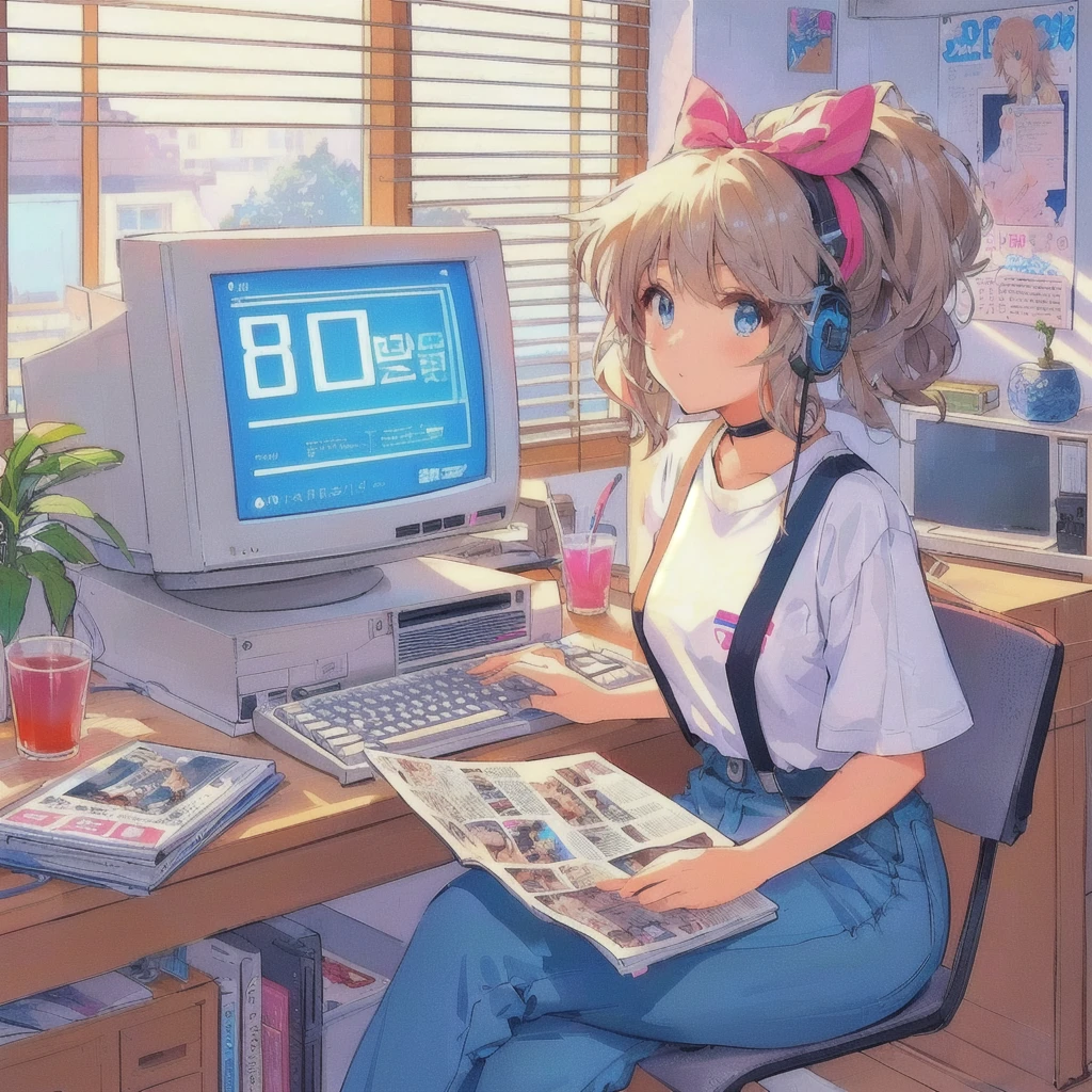 Anime girl sitting at a desk typing on a computer,80&#39;s anime vibe, Retro Anime Girls, 80&#39;s PC,Magazines from the 80s,Cup with juice,CRT TV,80s poster,80s anime art style, 80s anime style, 1980's anime style, In 80s anime art style, Lo-fi Girl