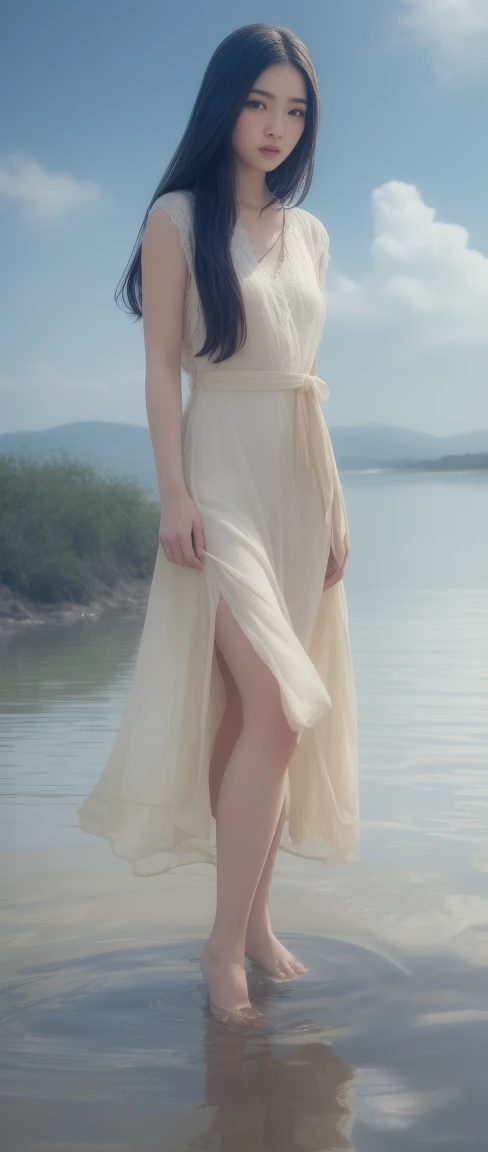 ((4K,masterpiece,Highest quality)), Shui Movissim, Traditional Chinese Ink Painting, Lotus,  Hanfu, Maxi Kit, A girl dressed modestly, alone, Long Blue Hair, smile, Are standing, Soak your feet in water, barefoot,
 