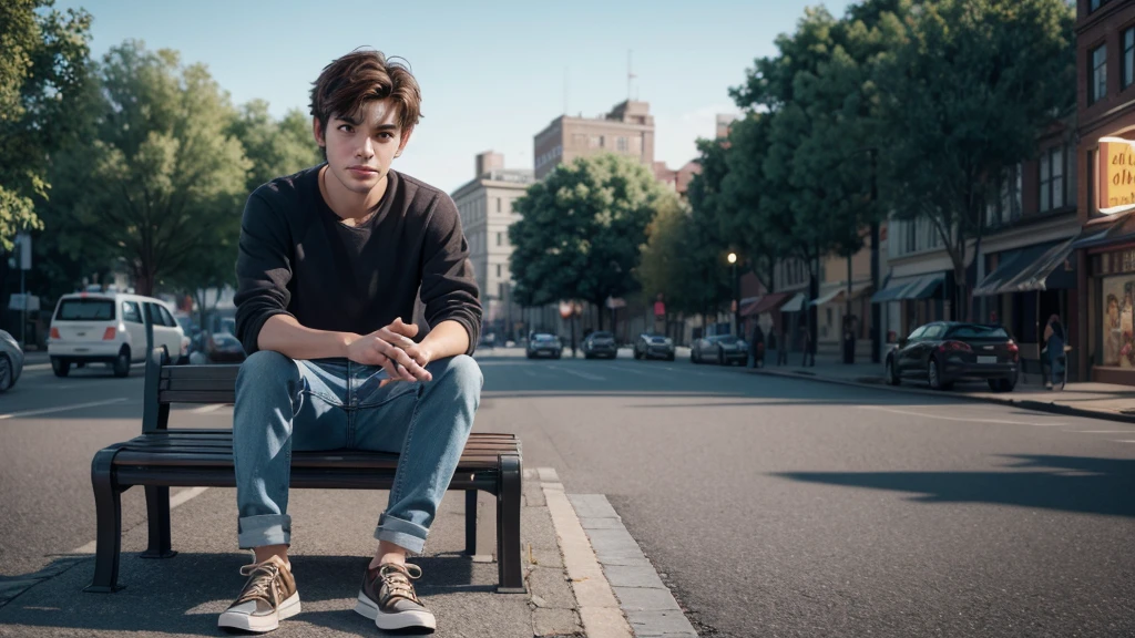 Create a 3D animation image from Pixar, the character is a man with short brown hair, brown eyes, light skin, blue blouse, jeans and black sneakers. He is sitting on a bench in a square with a tired face. Ensure the illustration has a warm and inviting atmosphere, the image is rendered in high definition, capturing the exciting essence of the moment, and the composition exudes cinematic quality, Typography, Concept Art, Photo, Illustration, 3D Rendering, Cinematic , poster, vibrant, portrait photography, that is visually appealing to young people, use vibrant colors.