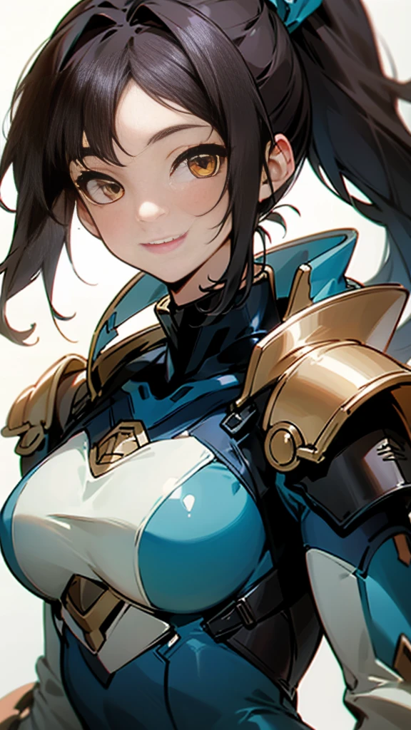 One girl、alone、Brown eyes、Black Hair、ponytail、armor、Blue bodysuit、Upper body close-up、smile