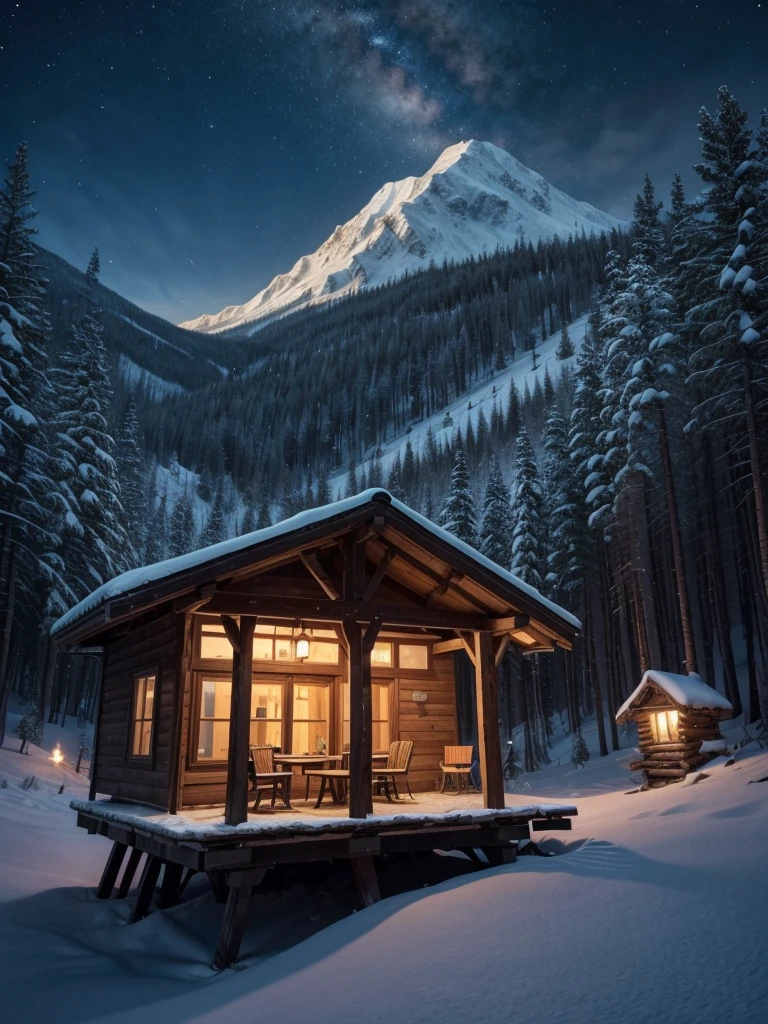Scenario of one mountain connected to the other by a bridge made of firewood "that is not made of another material" and on the edges so as not to fall birch bars with 5 lights on each side on one mountain this is a 2017 fashion house and on the other a small shelter house with an electric dragon and an ice dragon tied to a bar (The mountains are high so they are connected from above and the dream does not touch that&#39;s why the bridge is made of wood) the mountains on each side with a beautiful sunrise 