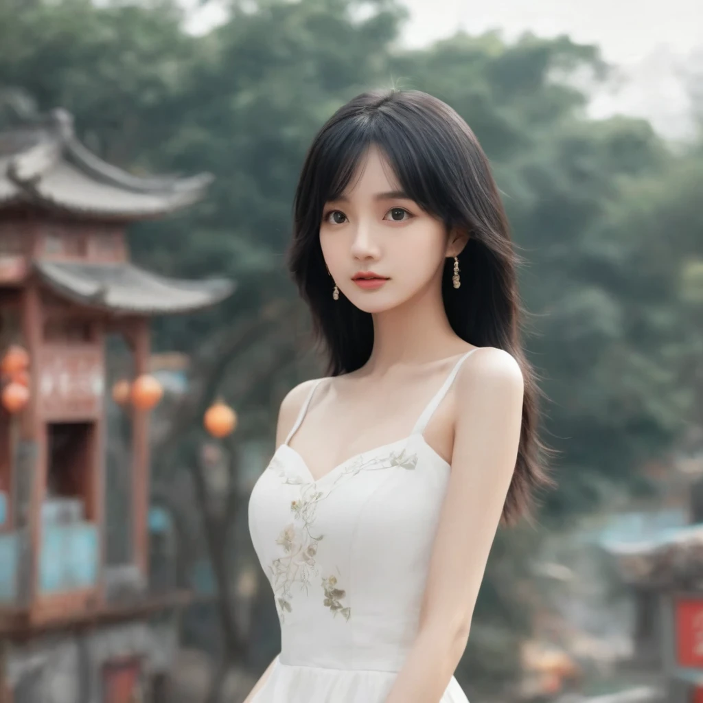 advertising photo，HD，high resolution，highly saturated，pure black background，chinese girl，black hair color hair，big eyes，soft skin，wearing a white dress,