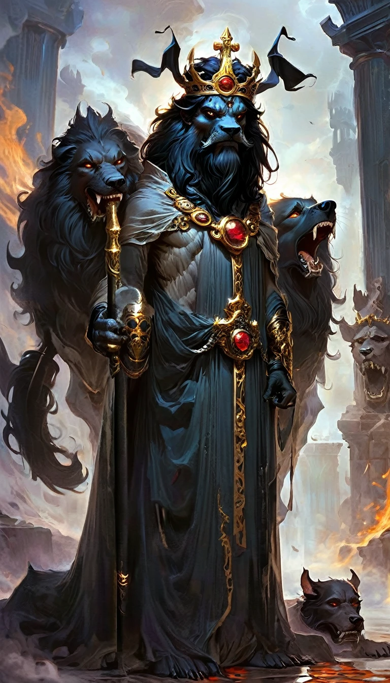 Hades is often depicted with a somber expression, a beard, and a helmet or crown. He is also known for his companion, Cerberus, the three-headed dog that guards the entrance to the underworld. 
