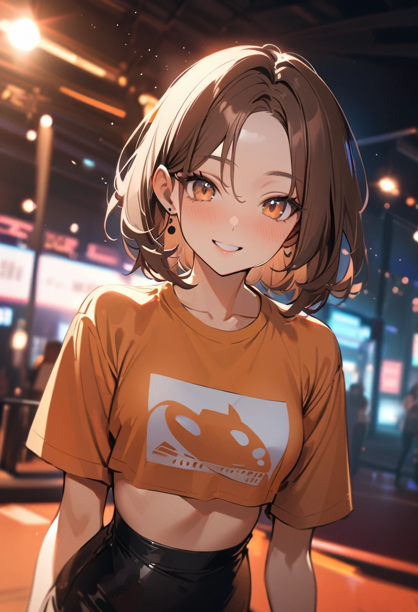 1 girl, bob, center part, forehead, brown hair, piercing, brown eyes, model posing, smile,
BREAK (masterpiece), (high resolution 8K), cinematic lighting, professional lighting, detailed eyes and face, detailed body,
BREAK crop top tee, pencil skirt