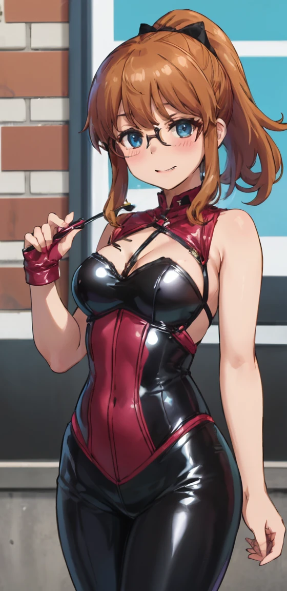best quality, (masterpiece:1.2), highly detailed, standing, street,
1girl, solo, akatsuki minami,
looking at the viewer, closed mouth, smile, slight blush,
blue eyes, brown hair, ponytail, hair bow, sleeveless, ((the girl is dominatrix and she is wearing latex outfit, she is dominant and merciless)), cowboy_shot, glasses