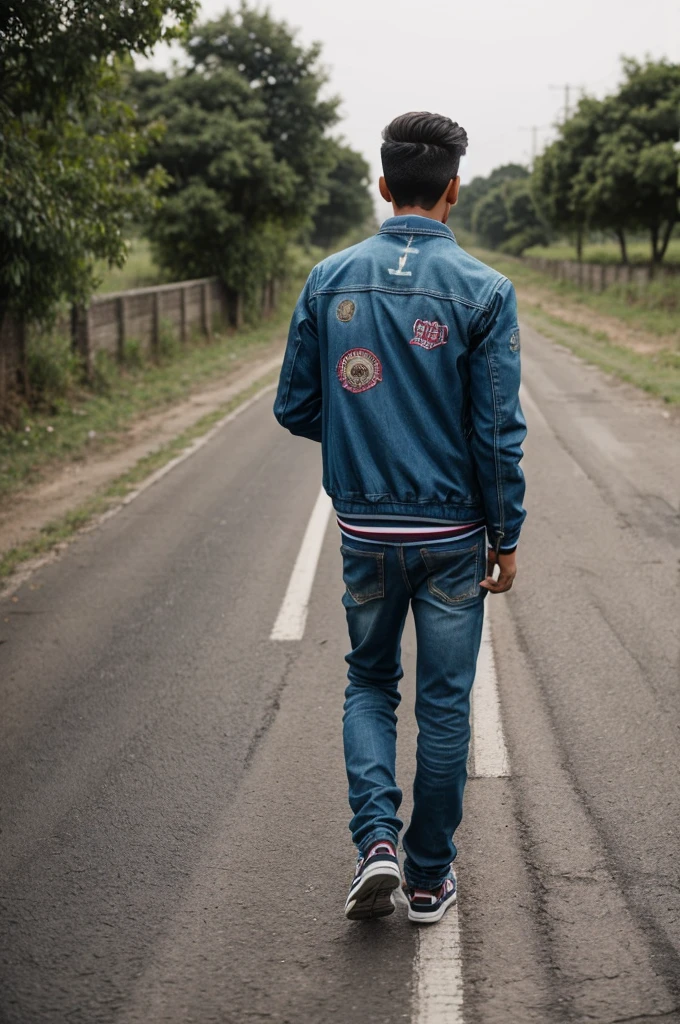 A teen ager boy walking on the road and he wear a jacket and in the jacket printed "ARJUN" from backside photo
