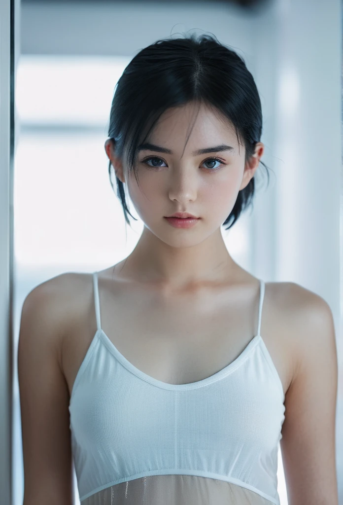 One Girl, 22 years old, alone, short Black Hair, Looking into the camera, Thin face, Translucent white clean skin, Black Hair,  whole body,, (Highly detailed 8K wallpapers), Soft lighting, high quality, Film Grain, Fujifilm XT3 Sharp Focus, 5 ....6, 50mm, Attention to detail, Sharp focus, (Natural light), (Fascinating), Realistic, sexy, ((Detail Eye)), ((eye: 1.2), ((Swimwear)), (chest: 1.2)、Ocean