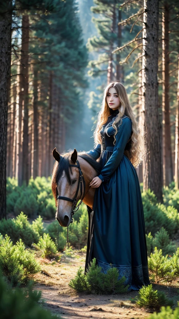 Pine forest with long fir trees, night, darkness, woman with medium-length blond hair in a blue long satin dress with long sleeves holding a black horse with a thick black mane by the bridle, witch, mysticism, mysteriousness, good quality, magnetism, in realism style