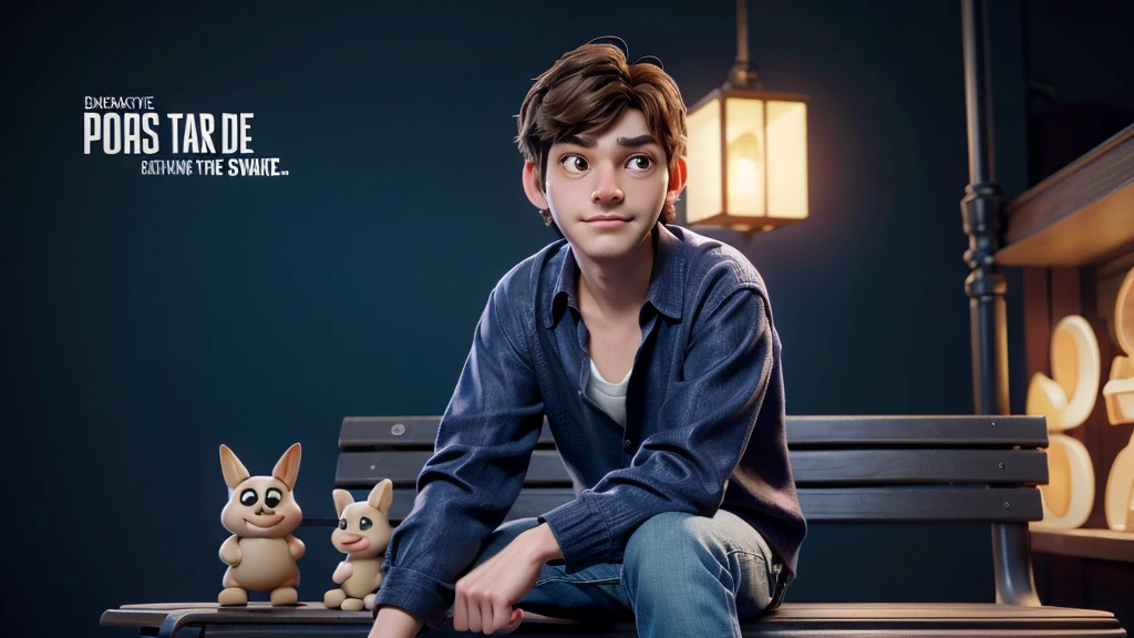 Create a 3D animation image from Pixar, the character is a man with short brown hair, brown eyes, light skin, blue blouse, jeans and black sneakers. He is sitting on a bench in a square with a tired face. Ensure the illustration has a warm and inviting atmosphere, the image is rendered in high definition, capturing the exciting essence of the moment, and the composition exudes cinematic quality, Typography, Concept Art, Photo, Illustration, 3D Rendering, Cinematic , poster, vibrant, portrait photography, that is visually appealing to young people, use vibrant colors.