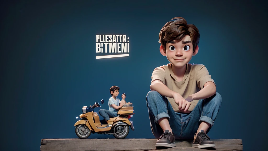 Create a 3D animation image from Pixar, the character is a man with short brown hair, brown eyes, light skin, blue blouse, jeans and black sneakers. He is sitting on a bench in a square with a tired face. Ensure the illustration has a warm and inviting atmosphere, the image is rendered in high definition, capturing the exciting essence of the moment, and the composition exudes cinematic quality, Typography, Concept Art, Photo, Illustration, 3D Rendering, Cinematic , poster, vibrant, portrait photography, that is visually appealing to young people, use vibrant colors.