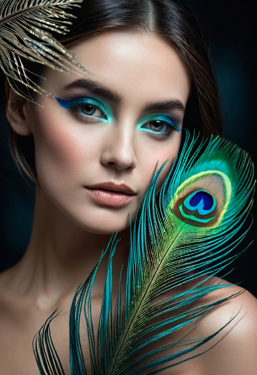 ultra clear raw photo of woman with a peacock feather, close up, dark background