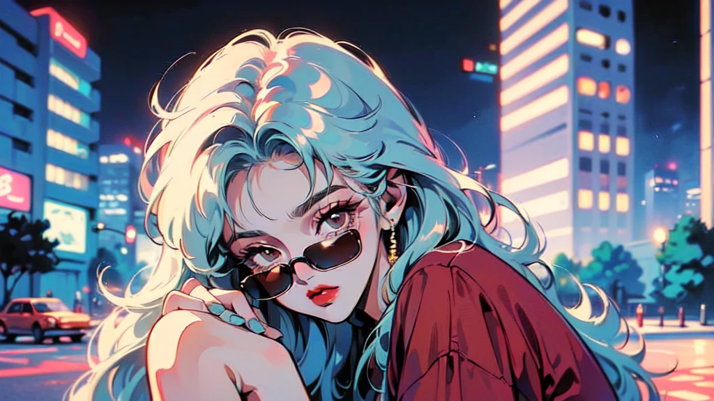 (80's, Retro, City Pop:1.5), (Album cover), (masterpiece, Highest quality, Exquisite detail), (anime, figure), (pastel colour:1.3), Best Photo Poses, Dynamic Angle,girl, alone, cool, Delicate face, Wearing sunglasses, Blonde Hair, Cityscape, City of night, Street fashion