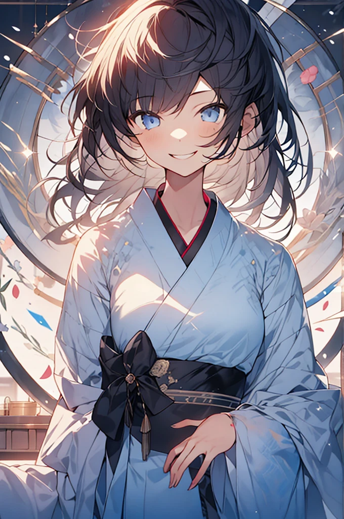 (watercolor:1.0),1 girl, , yukata, Portraiture, Big smile, Recall, View your viewers,niji style,Ultra high definition、Masterpiece、Anatomically correct hand
