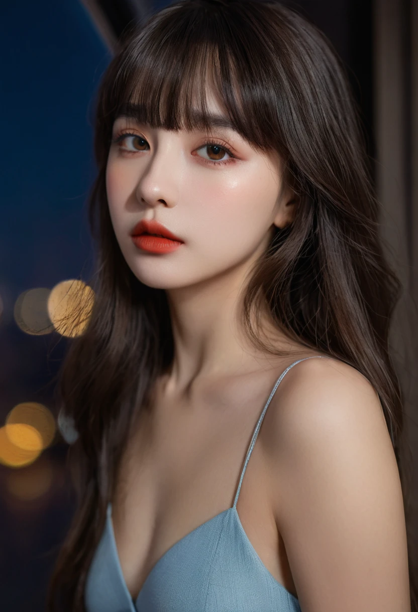 8K, best quality, 1 Girl, (Skin Indentation), night, (dark), Indoor clear background, (people), Beautiful bangs, Gorgeous,, (Clothing and:1.3),Soft lighting, attractive, dark Room, (mouth close:1.2, beautiful eyes, Delicate eyes, Detailed iris, Beautiful lips, Beautiful nose, Pretty Face),(primary color:1.5)