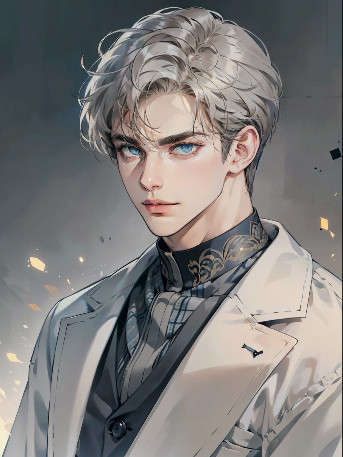 masterpiece, best quality, realistic, 1man, mature male, quiet and charming young man, 41 year old, serious look, closed mouth, portrait, extremely detailed face, cold smile, ((dark grey blue eyes)), ((short-right-swept dark white hair)), [thick eyebrows], ((suit)), handsome, full body, western, Jewish, light brown skin,