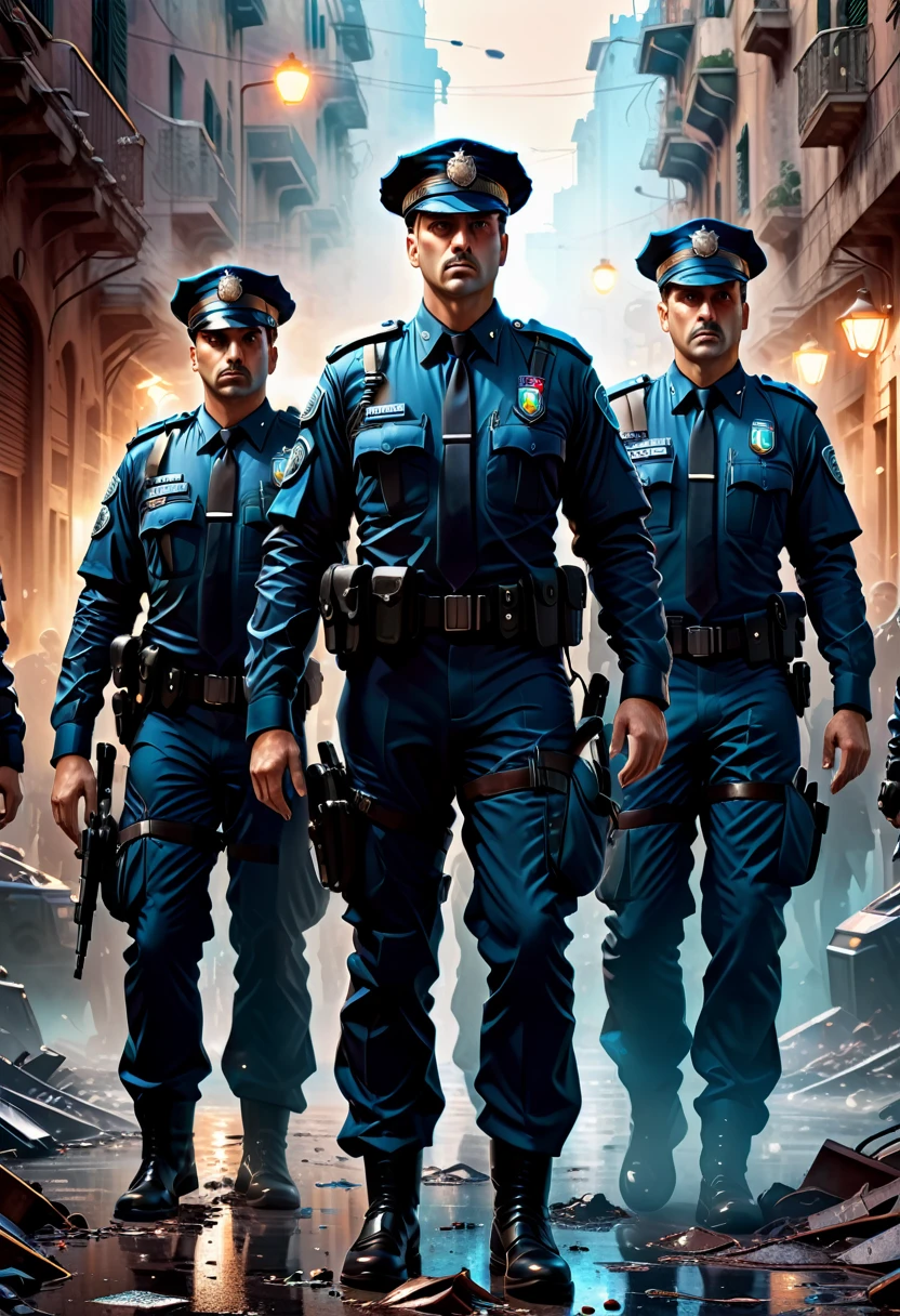 a high quality digital painting of several Italian police officers in uniforms, 8k resolution, hyper realistic details, standing in a chaotic city resembling Gehenna, dystopian setting, dramatic lighting, futuristic elements, cinematic composition, front view, concept art, character design, trending on ArtStation