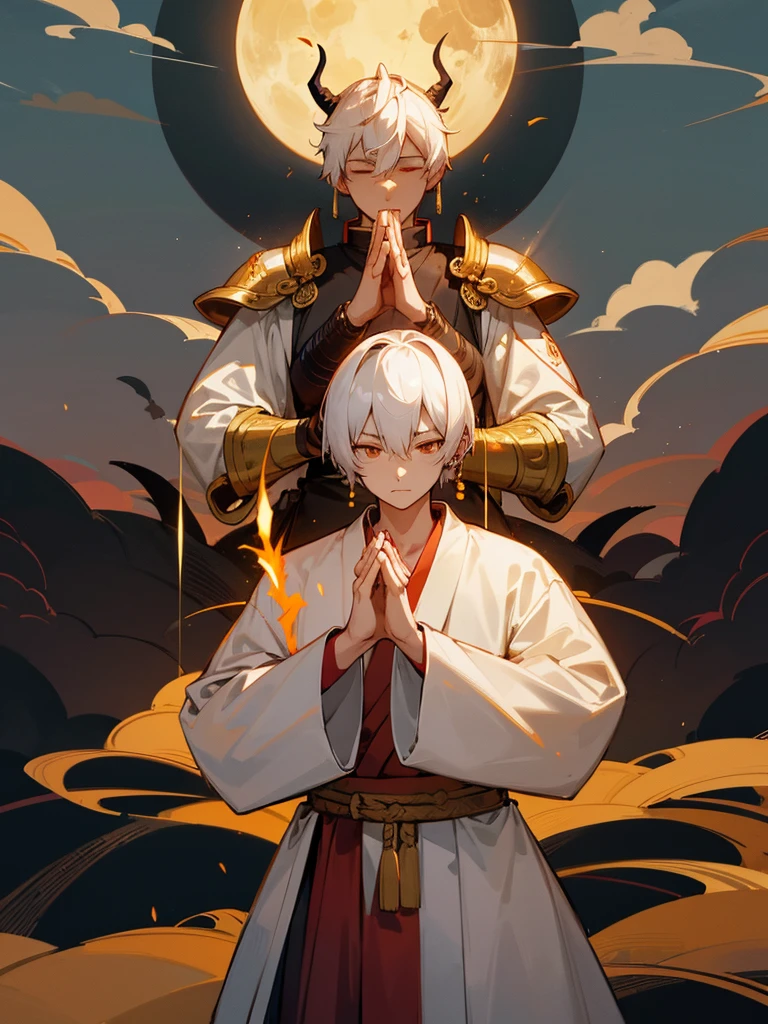 Buddha,Burning Eyes, horn, white short hair, black armor, tori ready, man, full moon, hands together in prayer, Zen meditation golden lion Chi Japanese sword cyborg