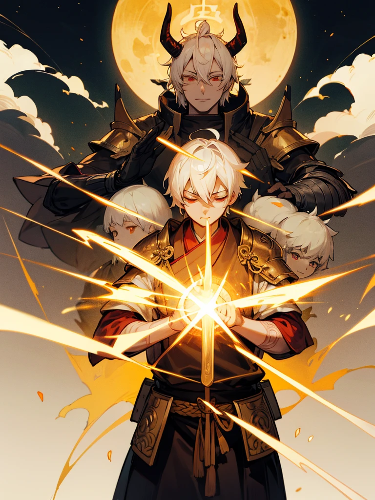 Buddha,Burning Eyes, horn, white short hair, black armor, tori ready, man, full moon, hands together in prayer, Zen meditation golden lion Chi Japanese sword cyborg