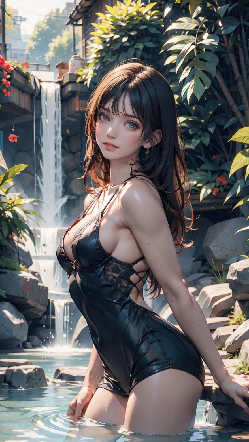 Very beautiful girl happily bathing near a clear and cool waterfall。Pink Skin、blue eyes、Black Hair、Detailed face、Detailed body、realistic model、highly detailed natural landscape、CGI 8K resolution