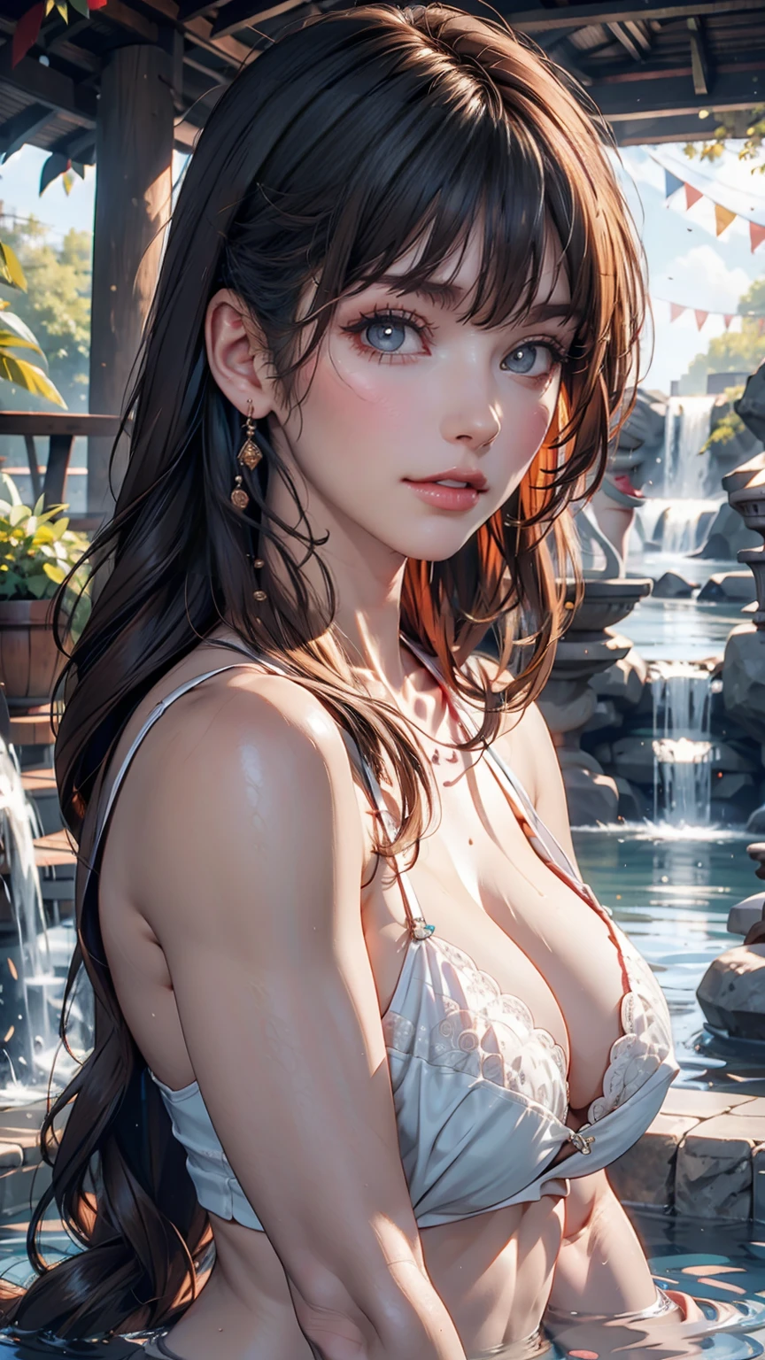 Very beautiful girl happily bathing near a clear and cool waterfall。Pink Skin、blue eyes、Black Hair、Detailed face、Detailed body、realistic model、highly detailed natural landscape、CGI 8K resolution