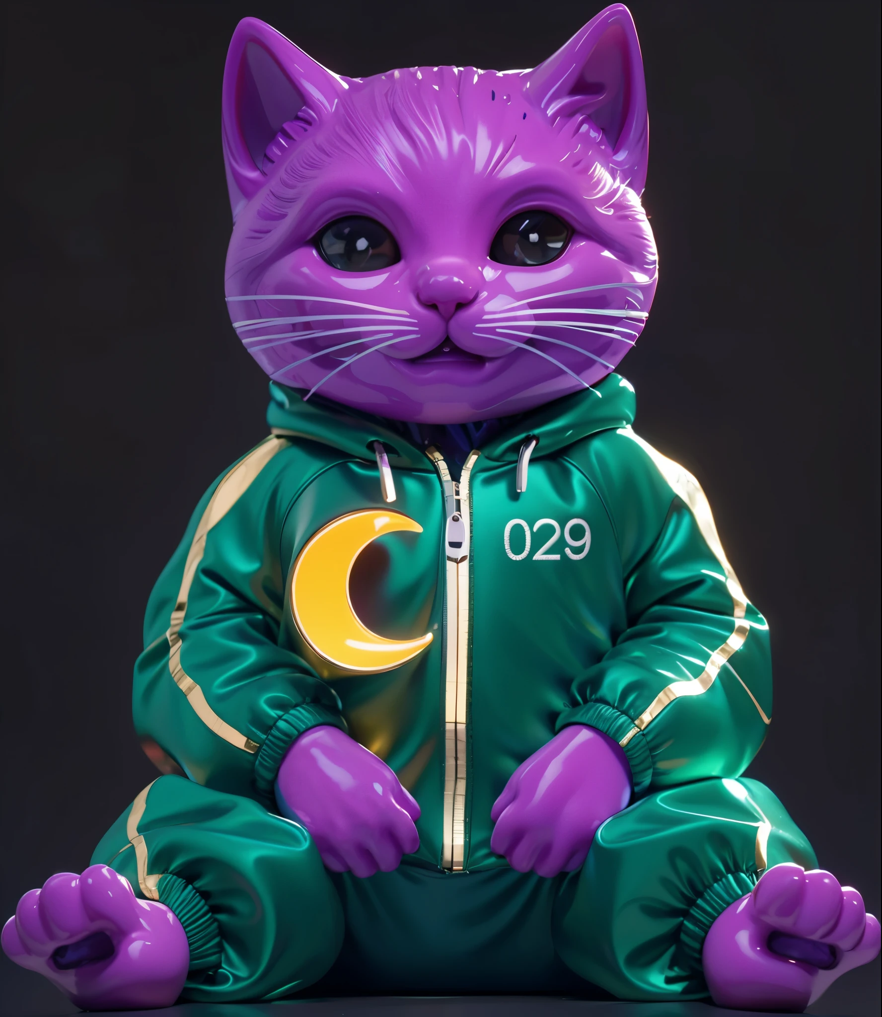 This image shows a purple cat wearing a green jacket with a yellow crescent moon on it.3d render, glossy texture, smooth 3d model, multiple light sources, rim light, sharp post effects render, (glossy plastic texture with multiple big light probe refractions), perfect cgi, smooth silhouette, high intensity refraction, (super glossy material), most beautiful vfx , blue background, plastic refractions, realistic, 4k, high resolution, rim light, photo shoot, commercial photo, profile shot, 4k, rim light, high resolution, 4k, glossy texture, smooth 3d model, multiple light sources, rim light, sharp post effects render, (glossy metallic texture with multiple big light probe refractions), perfect cgi, cgi art created only with gradients, smooth silhouette, high intensity refraction, (super glossy chrome material), most beautiful vfx, blue background, chrome metal refractions, multiple light sources, rim light, sharp post effects render, perfect cgi, digital art, detailed digital art, reflective, best quality, 4k, masterpiece:1.2, ultra-detailed, realistic, vivid colors, dark and moody lighting, The image of the highest quality, ensuring every detail is showcased perfectly. It in 4k resolution, allowing viewers to immerse themselves in the richness of the colors and intricate details. The realistic rendering. under the spotlight, reflecting, high-resolution image, realistic rendering, dark background, and rim light photorealistic The image features three characters standing in front of three houses. The characters are a red-haired mermaid, a purple cat, and an orange dog. They are each holding a yellow maraca